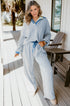 Striped Johnny Collar Pullover Drawstring Wide Leg Pant Set